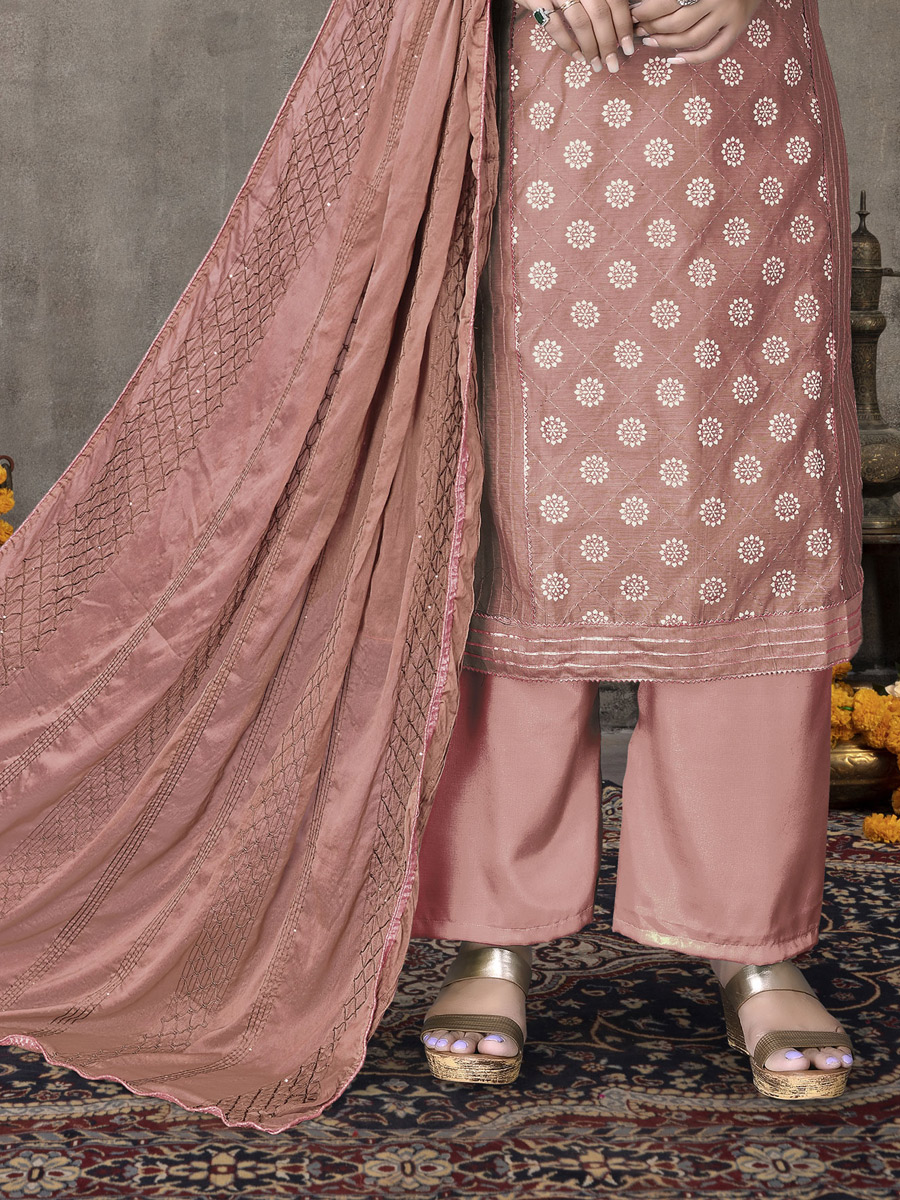 Mountbatten Pink Chanderi Cotton Embroidered Party Palazzo Pant Kameez