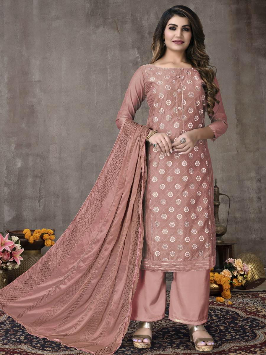 Mountbatten Pink Chanderi Cotton Embroidered Party Palazzo Pant Kameez