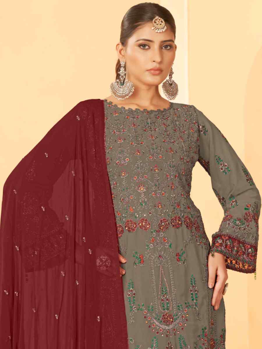 Mouse Grey Georgette Embroidered Festival Casual Pant Salwar Kameez