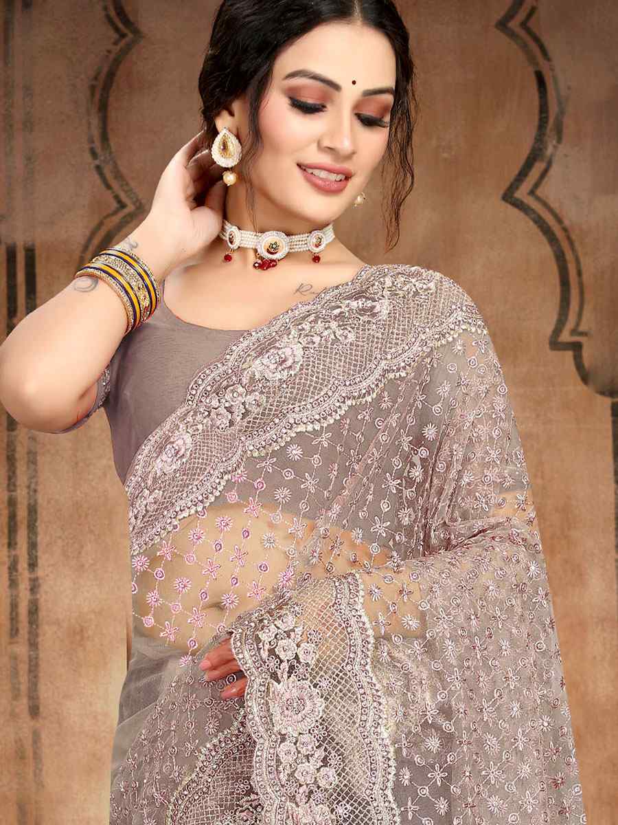 Mouse Net Embroidered Wedding Festival Heavy Border Saree