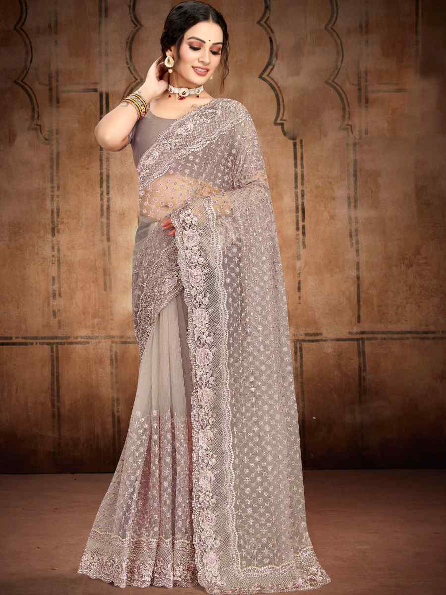Mouse Net Embroidered Wedding Festival Heavy Border Saree