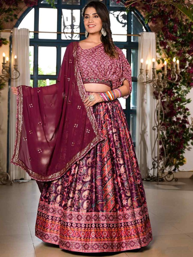 Mulberry Dull Satin Embroidered Mehendi Wedding Heavy Border Lehenga Choli