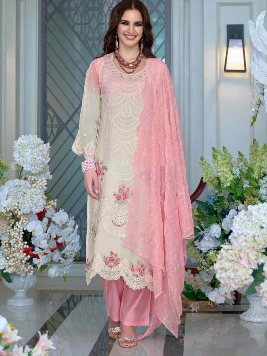 Multi  Soft Organza Embroidered Festival Wedding Ready Pant Salwar Kameez