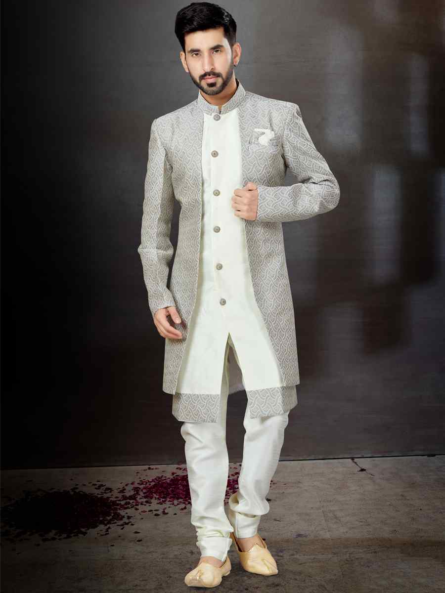 Multi Alfi Jacquard Silk Dupion Embroidered Festival Wedding Sherwani