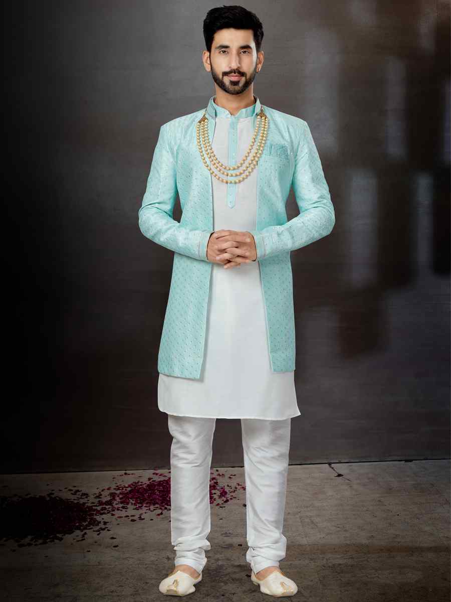 Multi Alfi Jacquard Silk Dupion Embroidered Festival Wedding Sherwani