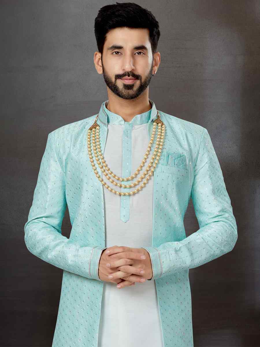 Multi Alfi Jacquard Silk Dupion Embroidered Festival Wedding Sherwani