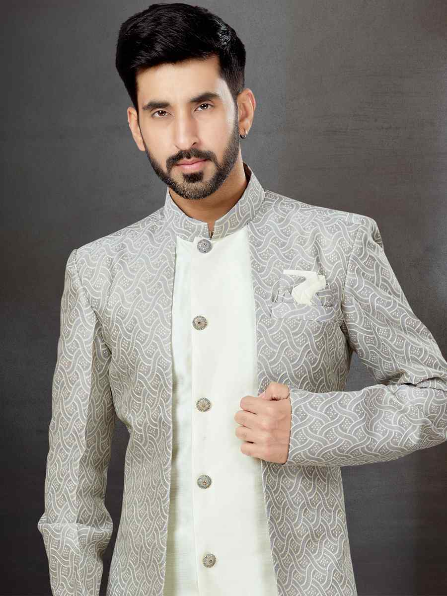 Multi Alfi Jacquard Silk Dupion Embroidered Festival Wedding Sherwani