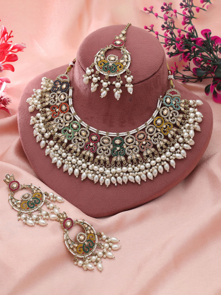 Image of Multi Alloy Wedding Party Festival Wear Meenakari Work Kundan Necklace