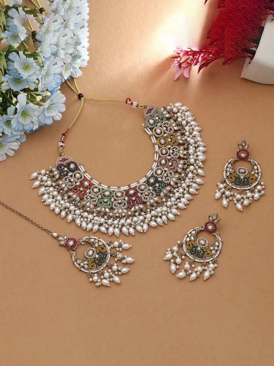 Multi Alloy Wedding Party Festival Wear Meenakari Work Kundan Necklace