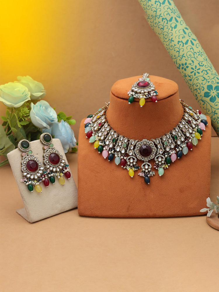 Image of Multi Alloy Wedding Party Festival Wear Meenakari Work Kundan Necklace