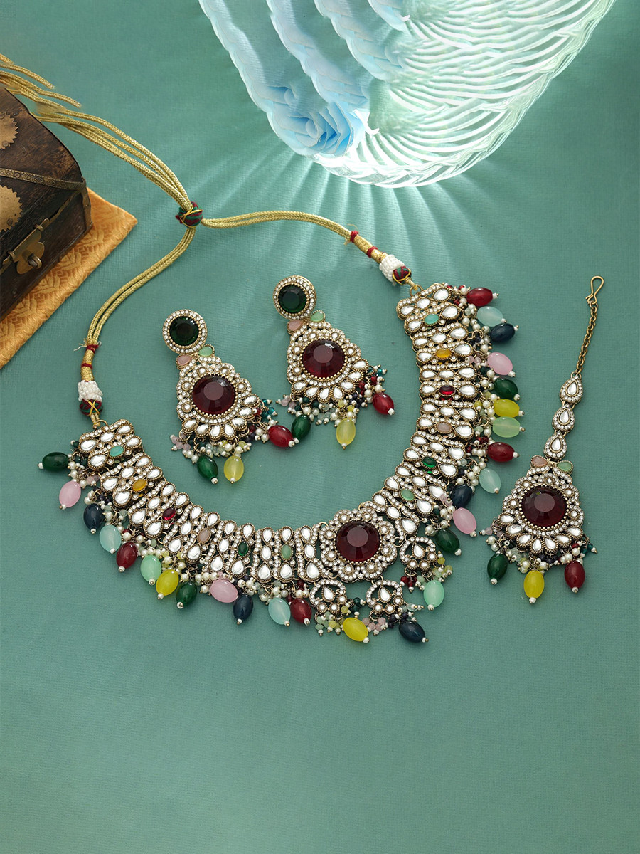 Multi Alloy Wedding Party Festival Wear Meenakari Work Kundan Necklace