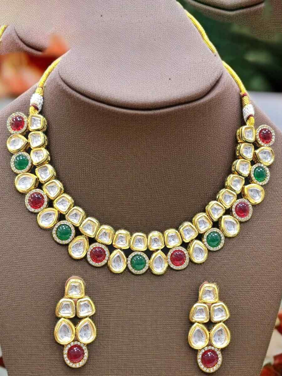 Multi And Gold Alloy Wedding Party Festival Wear Kundan Necklace