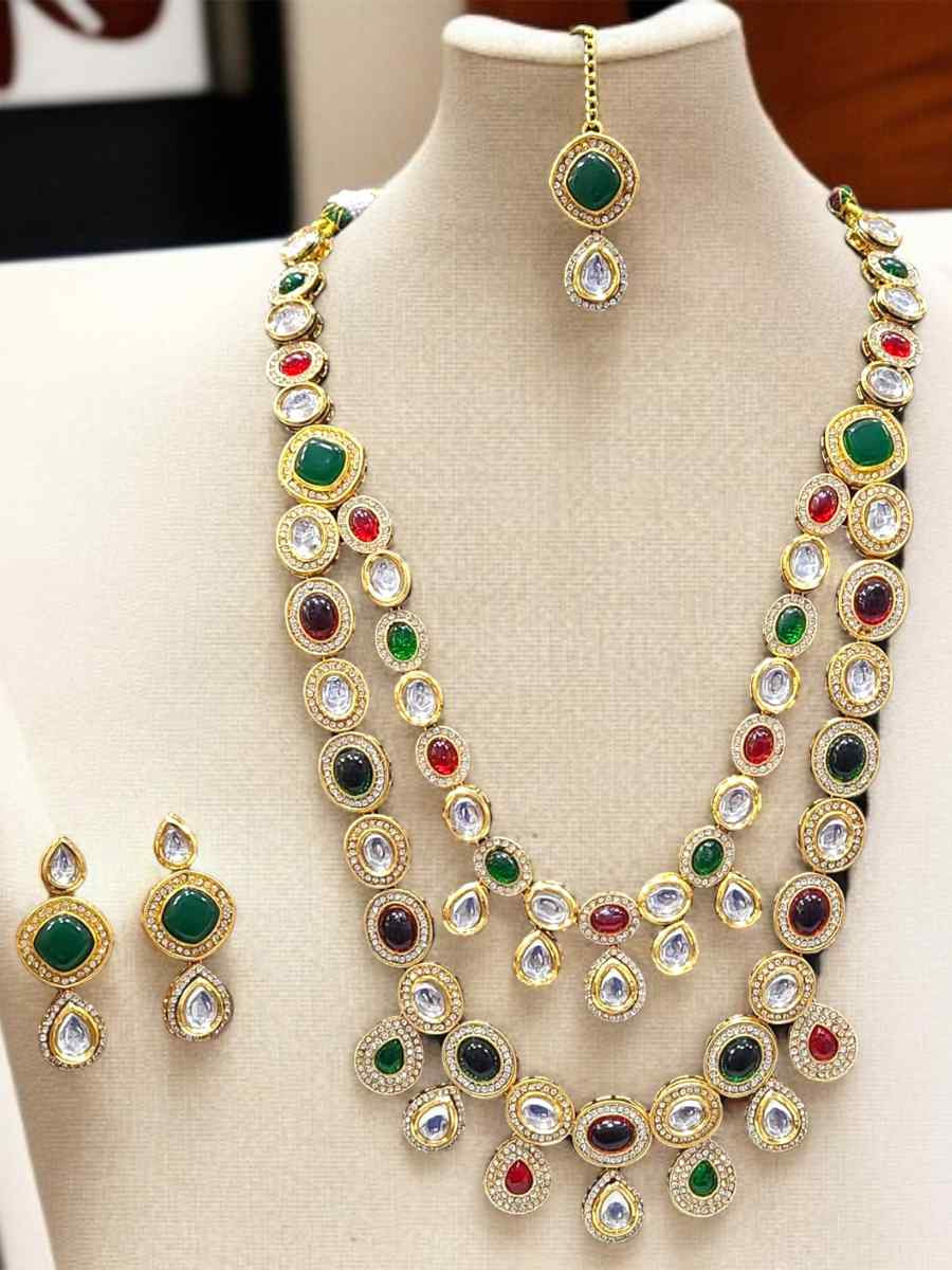 Multi And Gold Alloy Wedding Party Festival Wear Kundan Necklace