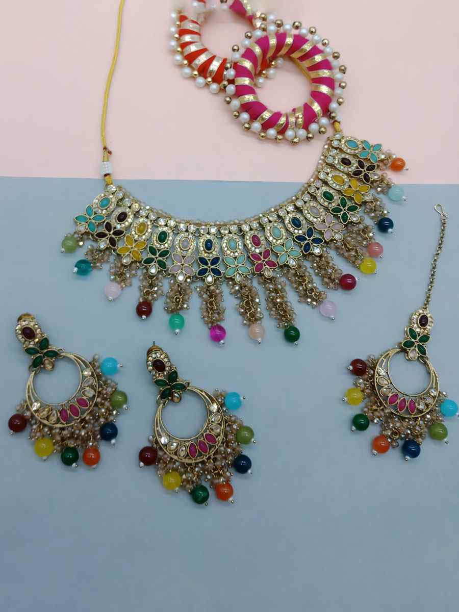 Multi And Gold Alloy Wedding Party Festival Wear Kundan Necklace
