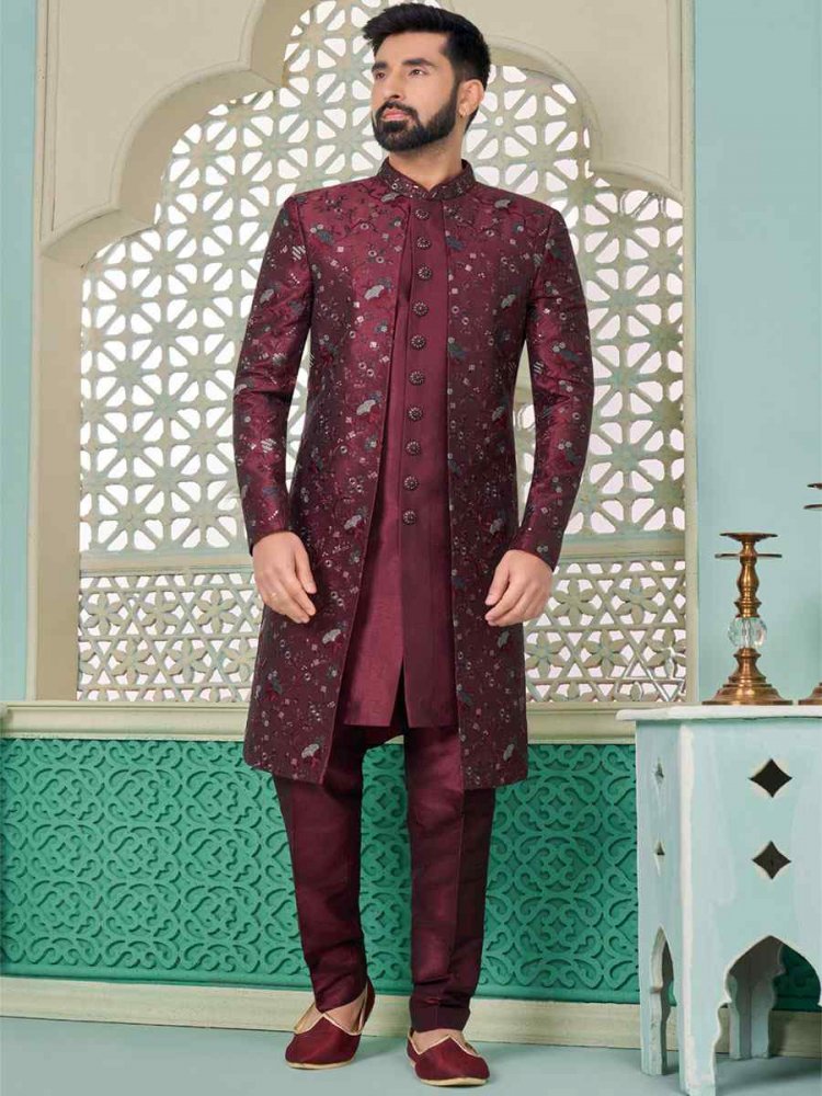 Multi Art Banarasi Silk Embroidered Festival Party Kurta