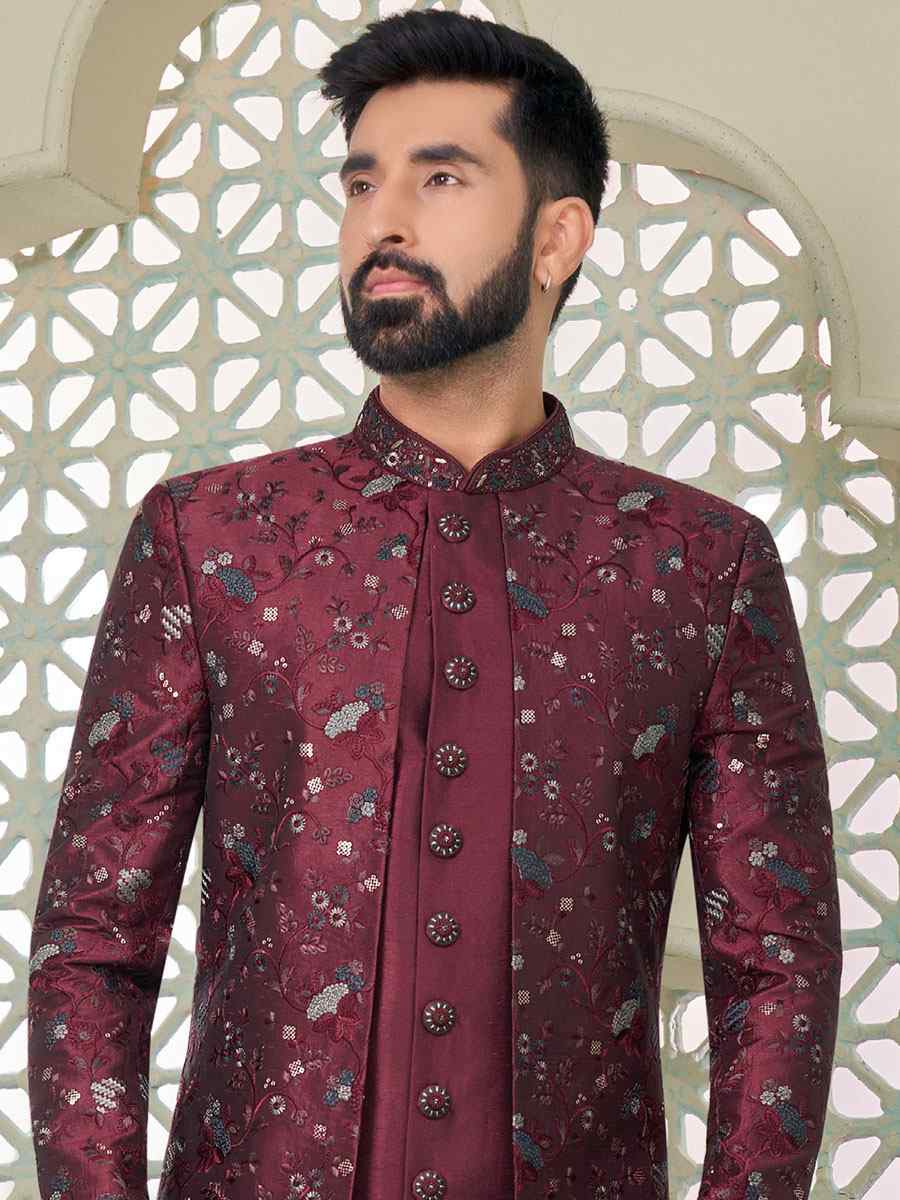 Multi Art Banarasi Silk Embroidered Festival Party Kurta