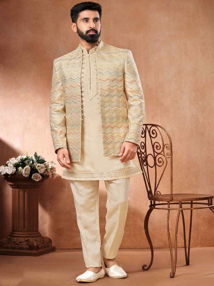 Multi Art Banarasi Silk Embroidered Party Wedding Jodhpuri Sherwani