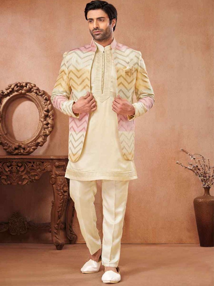 Multi Art Banarasi Silk Embroidered Party Wedding Jodhpuri Sherwani