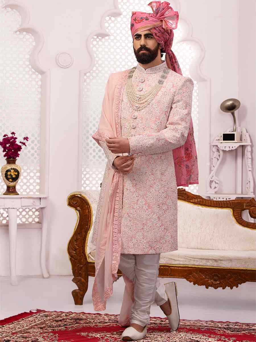 Multi Art Banarasi Silk Embroidered Wedding Groom Sherwani