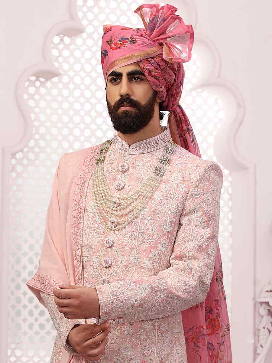 Multi Art Banarasi Silk Embroidered Wedding Groom Sherwani