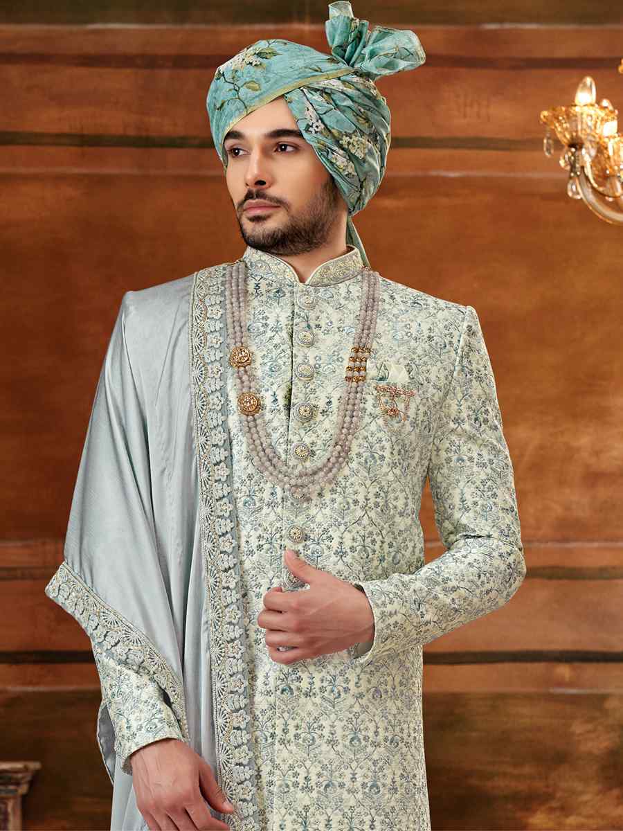 Multi Art Silk Embroidered Wedding Groom Sherwani