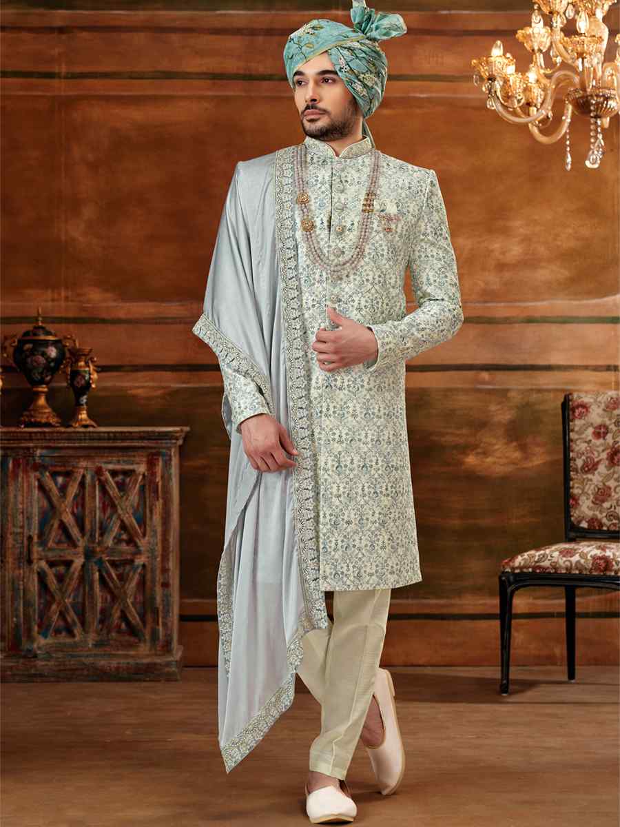 Multi Art Silk Embroidered Wedding Groom Sherwani