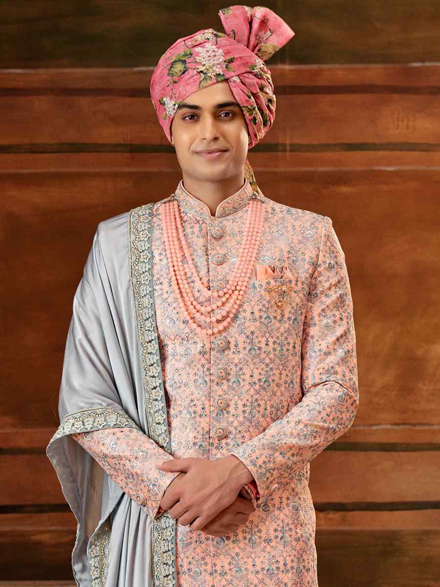 Multi Art Silk Embroidered Wedding Groom Sherwani