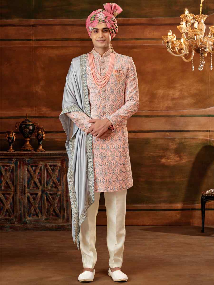 Multi Art Silk Embroidered Wedding Groom Sherwani