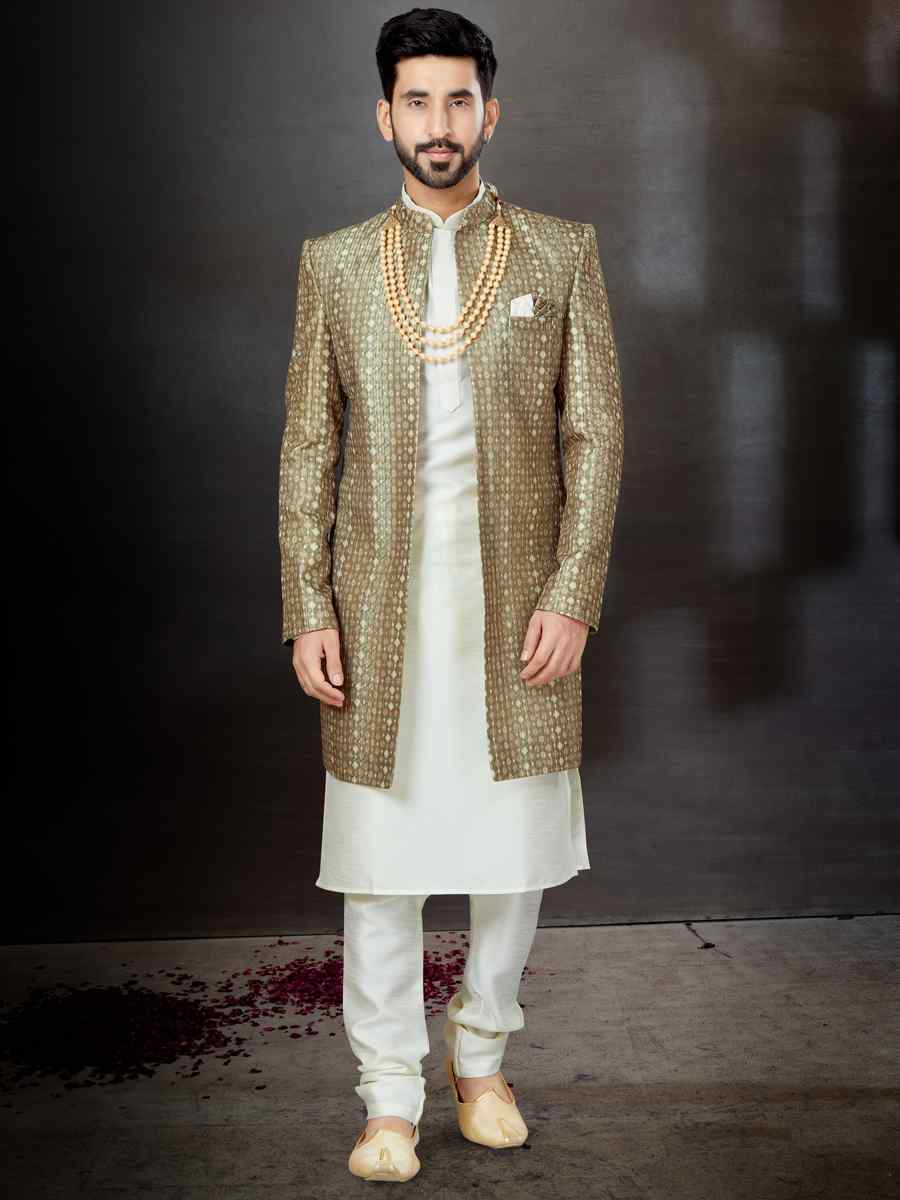 Multi Banarasi Jacquard Silk Dupion Embroidered Festival Wedding Sherwani