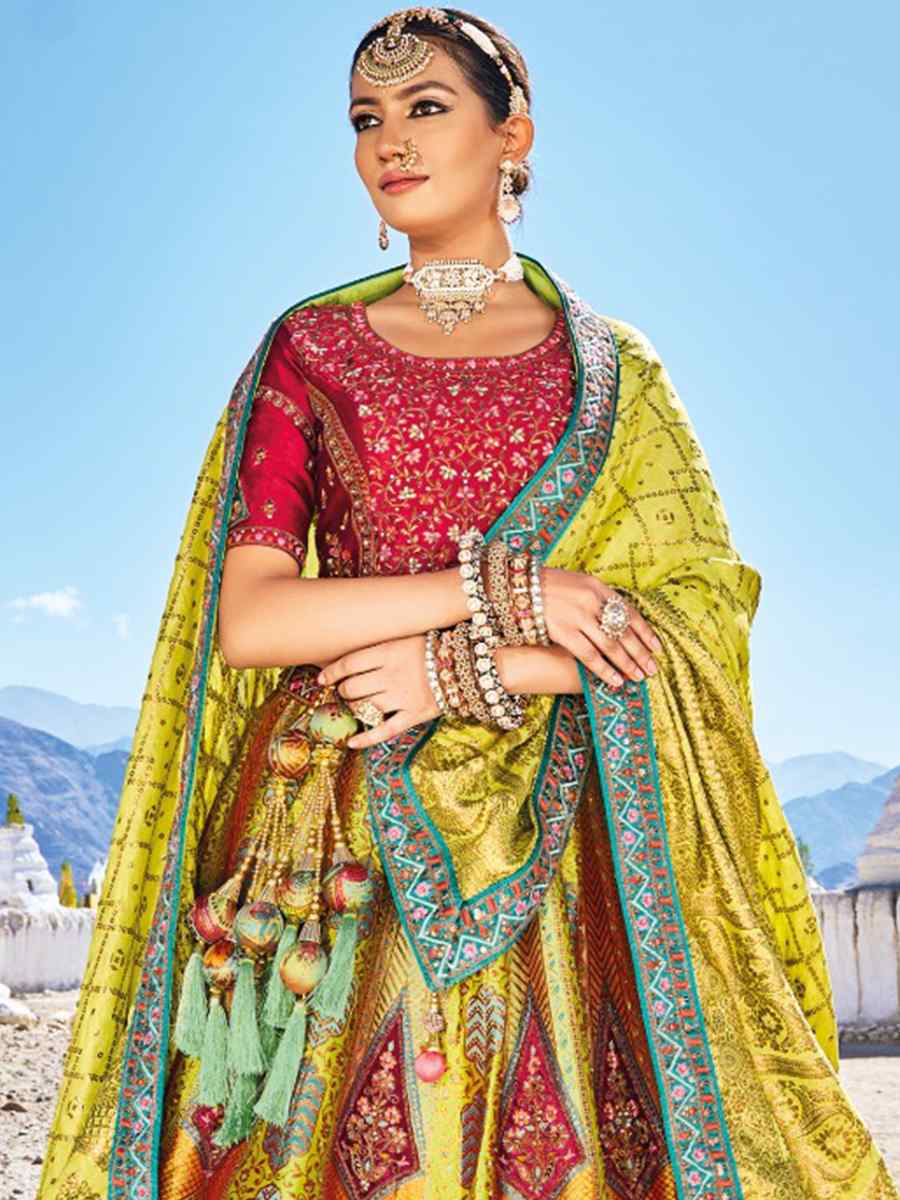 Multi Banarasi Silk Embroidered Bridal Wedding Heavy Border Lehenga Choli