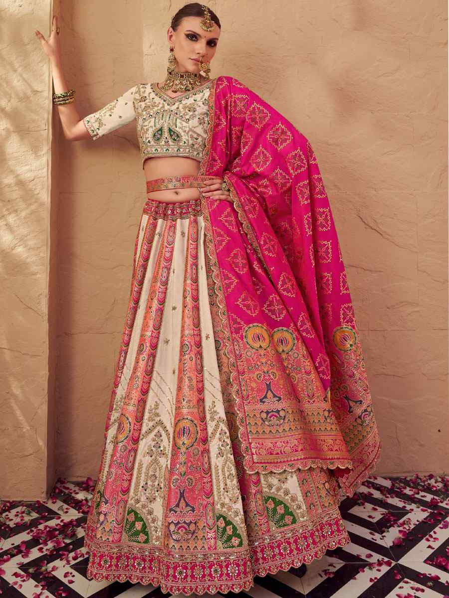 Multi Banarasi Silk Embroidered Bridal Wedding Reception Festival Heavy Border Lehenga Choli