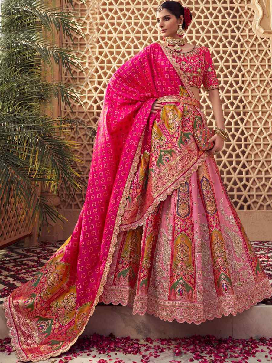 Multi Banarasi Silk Embroidered Bridal Wedding Reception Festival Heavy Border Lehenga Choli