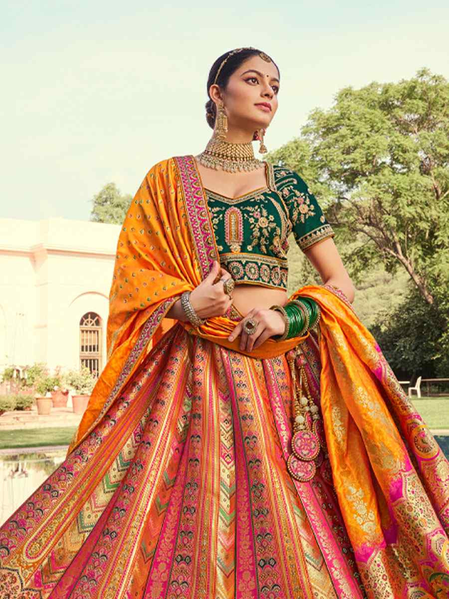 Multi Banarasi Silk Embroidered Festival Wedding Party Reception Heavy Border Lehenga Choli