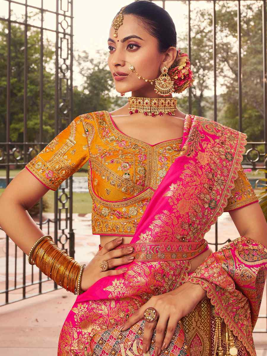 Multi Banarasi Silk Embroidered Festival Wedding Party Reception Heavy Border Lehenga Choli