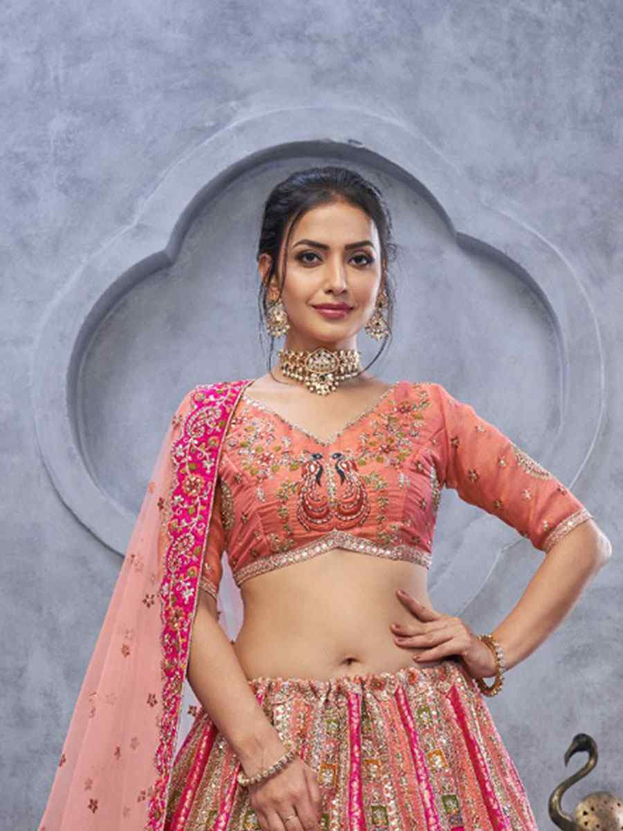 Multi Banarasi Silk Embroidered Wedding Reception Festival Heavy Border Lehenga Choli