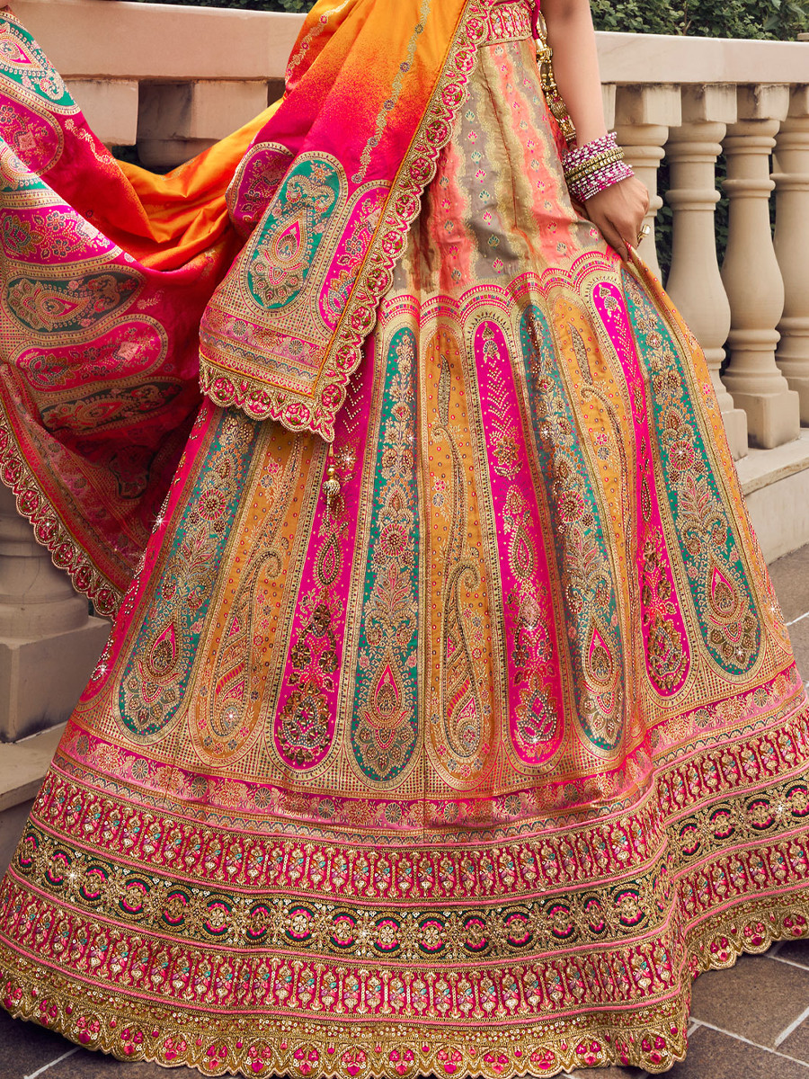 Multi Banarasi Silk Embroidery Bridal Wedding Heavy Border Lehenga Choli