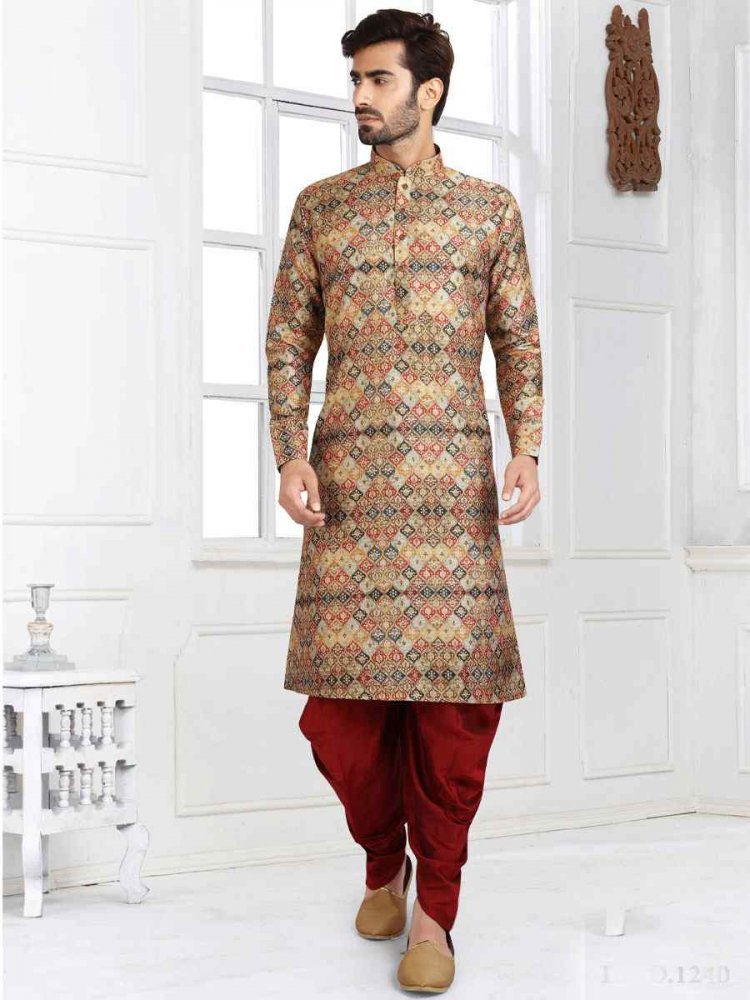 Multi Banarasi Silk Printed Festival Wedding Kurta
