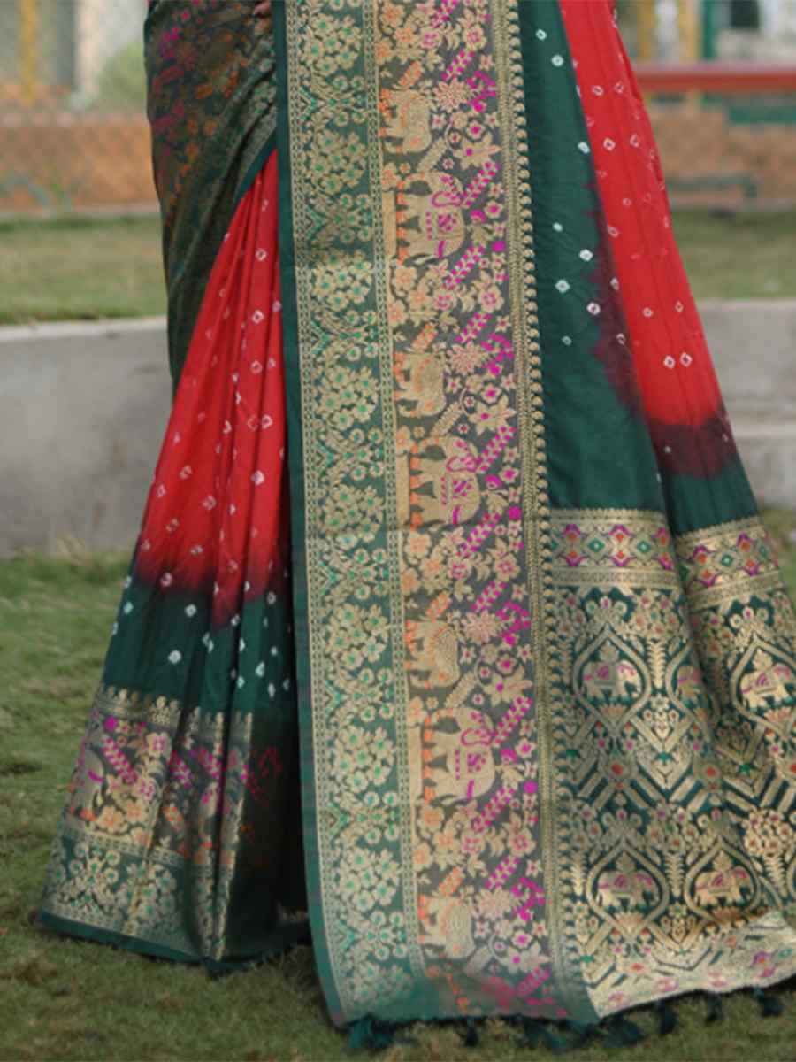 Multi Bandhani Kanjivaram Silk Handwoven Festival Wedding Heavy Border Saree