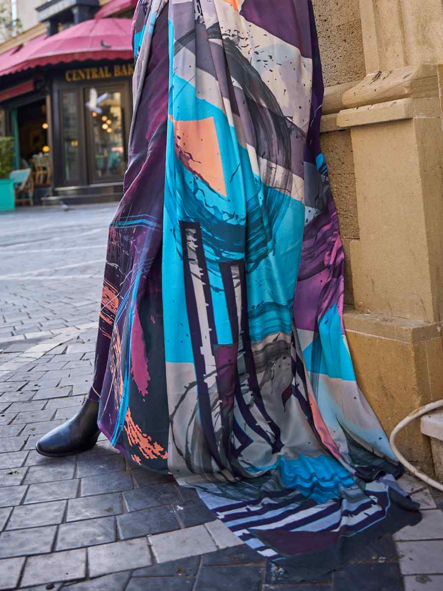 Multi Blue Pure Crepe Silk Printed Casual Festival Contemporary Saree