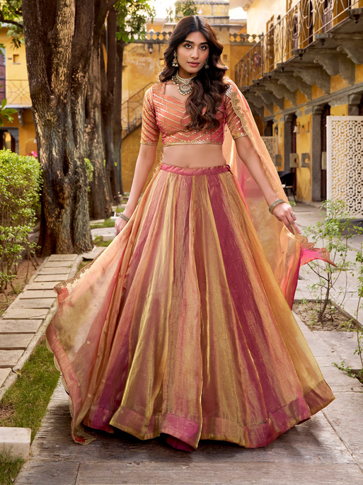 Image of Multi Carika Silk Embroidery Sequins Wedding Party Festival Traditional Lehenga Choli