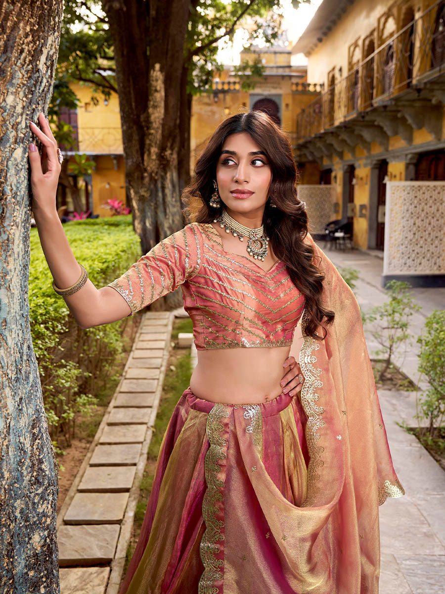 Multi Carika Silk Embroidery Sequins Wedding Party Festival Traditional Lehenga Choli