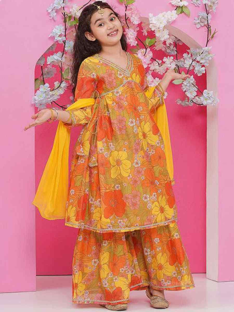 Multi Chanderi Cotton Printed Casual Festival Kurta Sharara Girls Wear