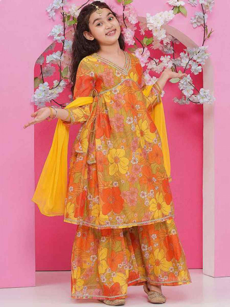 Image of Multi Chanderi Cotton Printed Casual Festival Kurta Sharara Girls Wear