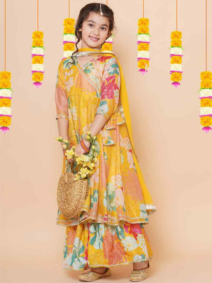 Multi Chanderi Silk Printed Casual Festival Kurta Sharara Girls Wear