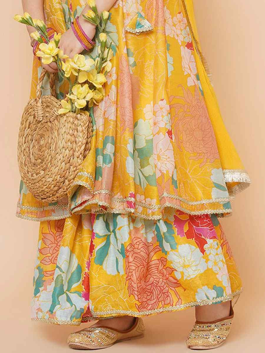 Multi Chanderi Silk Printed Casual Festival Kurta Sharara Girls Wear