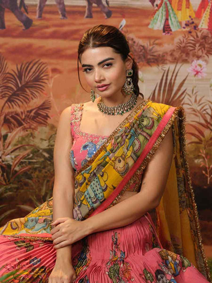 Multi Chiffon Prined Wedding Reception Festival Heavy Border Lehenga Choli