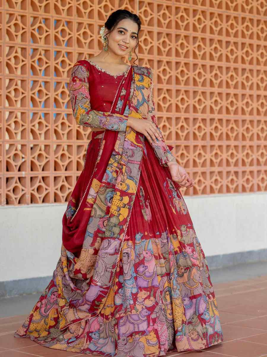 Multi Chiffon Prined Wedding Reception Festival Heavy Border Lehenga Choli