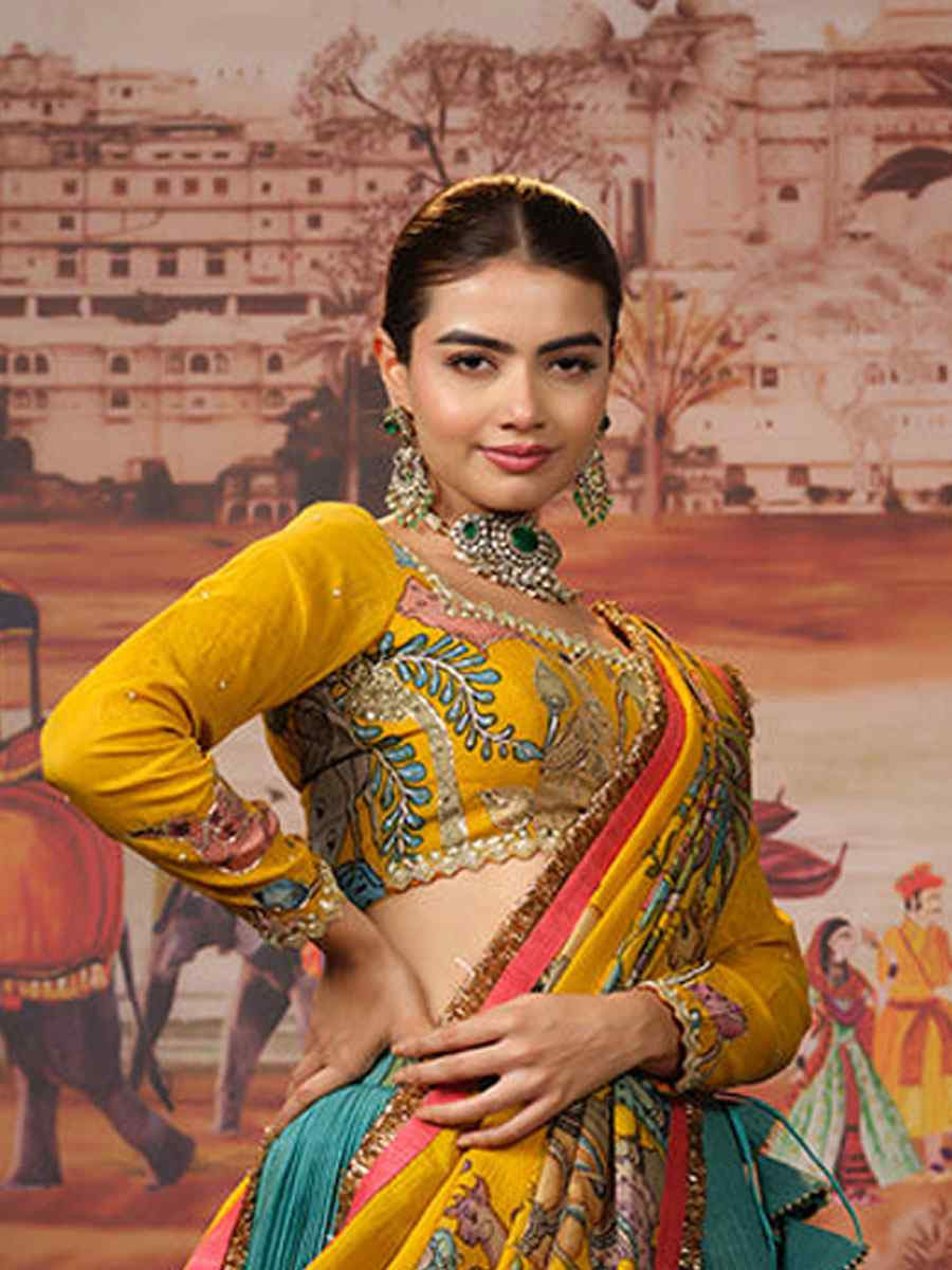 Multi Chiffon Prined Wedding Reception Festival Heavy Border Lehenga Choli