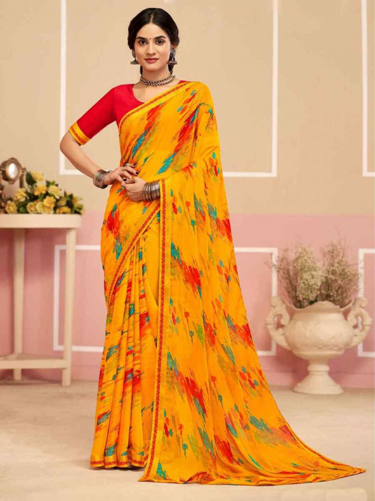Image of Multi Chiffon Printed Festival Wedding Fancy Classic Style Sarees
