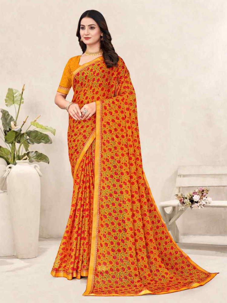 Image of Multi Chiffon Printed Festival Wedding Fancy Classic Style Sarees